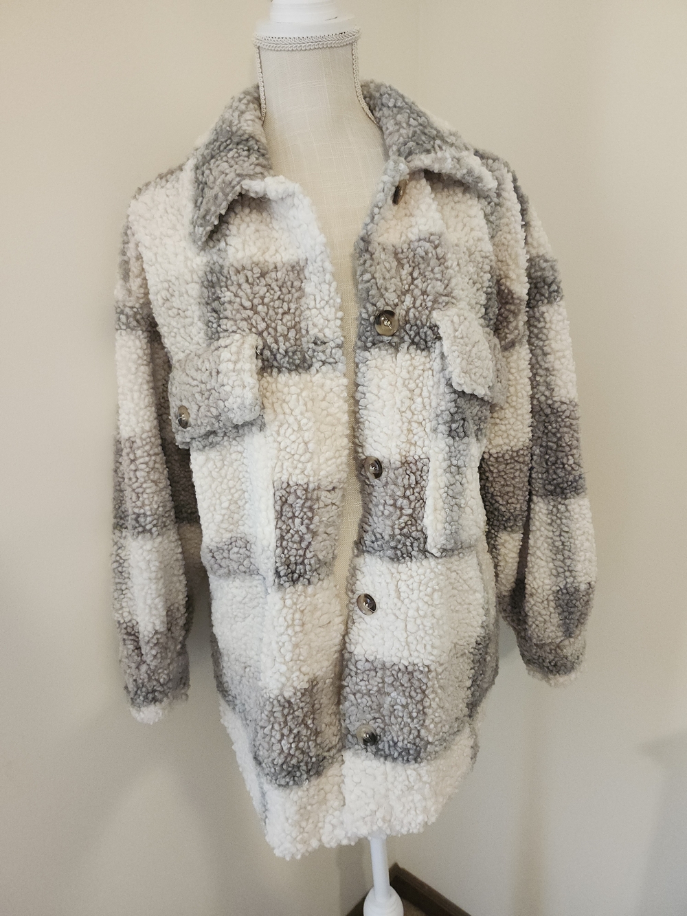 Blu Pepper Cream and Gray Plaid Teddy Shacket